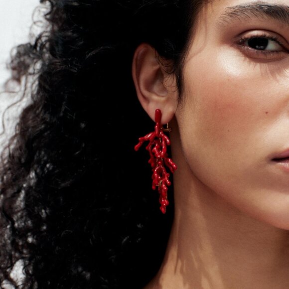 Zara branch red coral enamel resin earrings statement style trendy NEW. - Picture 2 of 6